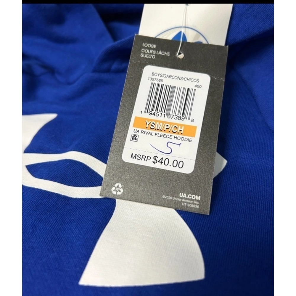Under Armour Boys' UA Rival Fleece Blue & White Hoodie Size 8 Small New - Picture 3 of 3